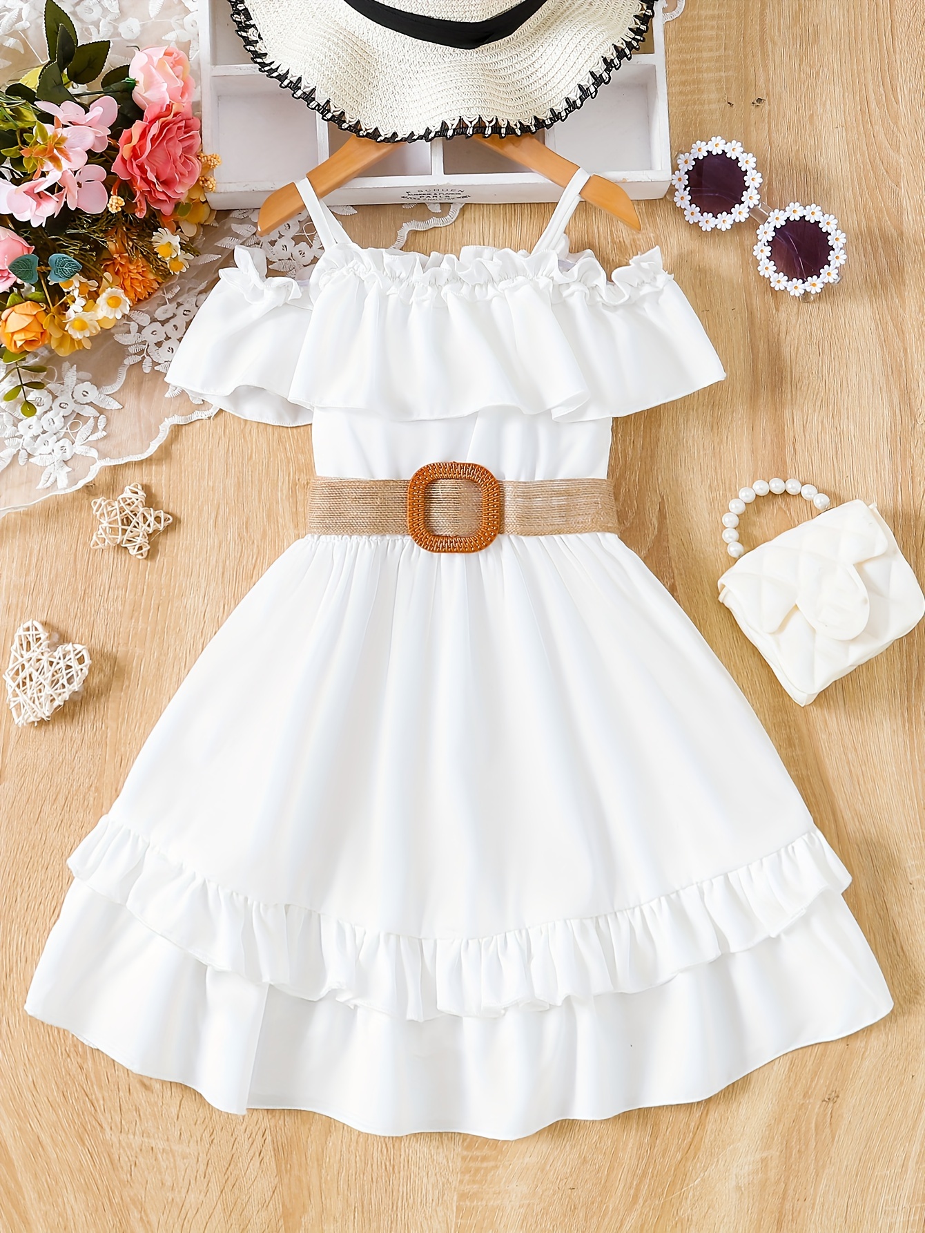 Girls' Casual Dress, Sweet Solid Color Camisole with Ruffled Detail And Gathered Waist, Woven Belt A-Line Skirt, Creative Elegant Dress, Suitable for Summer Outdoor Casual Wear