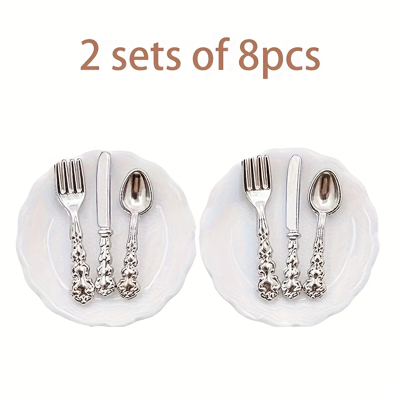 Image of 8pcs Mini Dollhouse Dining Set - Realistic Plates/knives/forks/spoons, Lifelike Kitchen Scene Model, Perfect For Birthday & Holiday Gifts