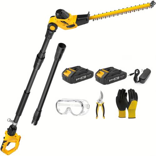 Rechargeable Utility Pole Hedge Trimmer, 9- Reach Electric Hedge Trimmer With Extension Pole And Multi-Angle Heads - Cutting Depth 20-Inch, 2×2.0Ah Batteries And Quick Charger