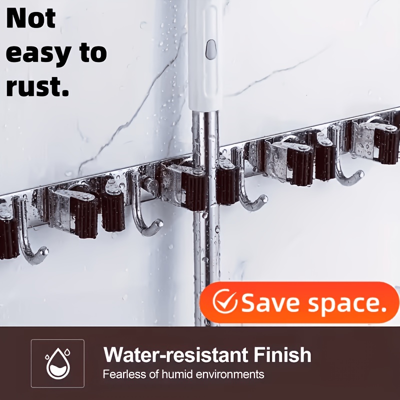 TEMU Home Decoration: Stainless Steel Wall-mounted Mop Rack With 5 Storage Slots And 4 Stainless Steel Hooks, Bathrooms, Garages, Etc. Holds Mops,