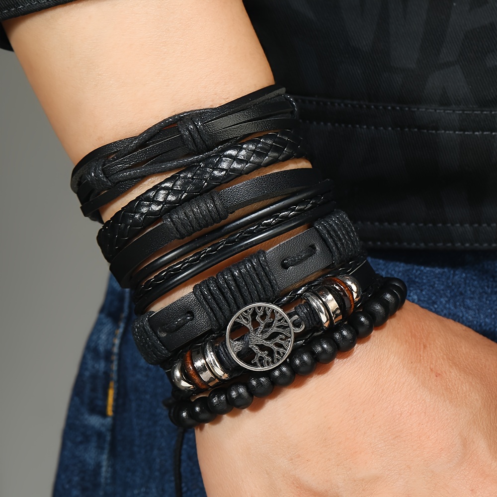 

6pcs Gothic Style Braided Bracelet Set With Tree Of Life Pendant - Black Leather Wristbands For Men