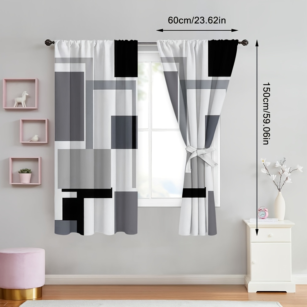 TEMU Ensemble de 2 rideaux en polyester avec motif de jonction de grille géométrique - Impression décorative , en tissu , lavable en machine, idéal
