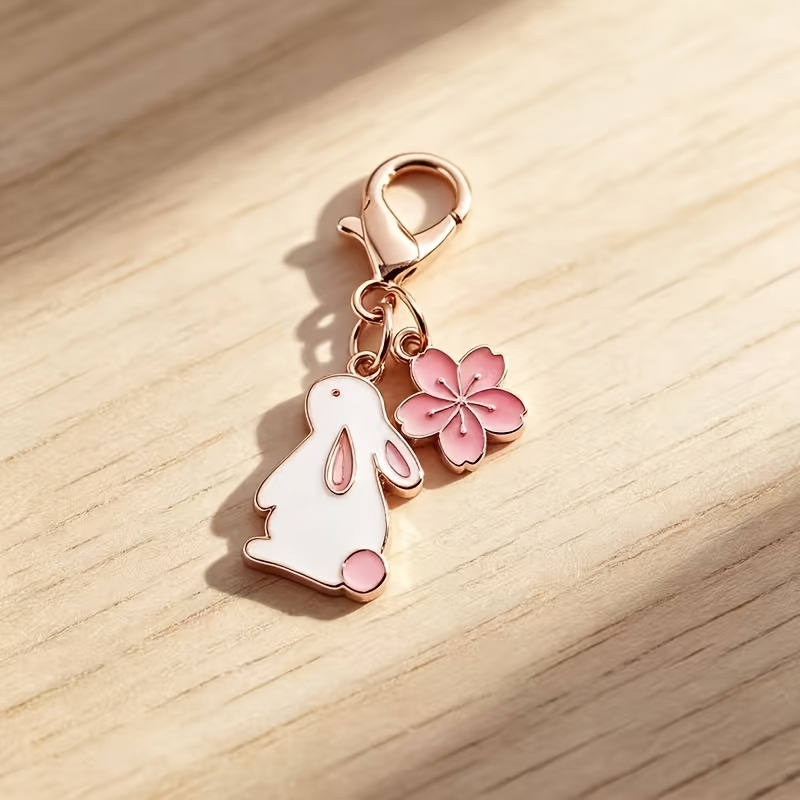 TEMU 1pc Cute Rabbit Cherry Keychain - Rose Golden Enamel Bunny & Sakura Charm, Mini Pendant For Bag/backpack/key, Kawaii Aesthetic Accessory For
