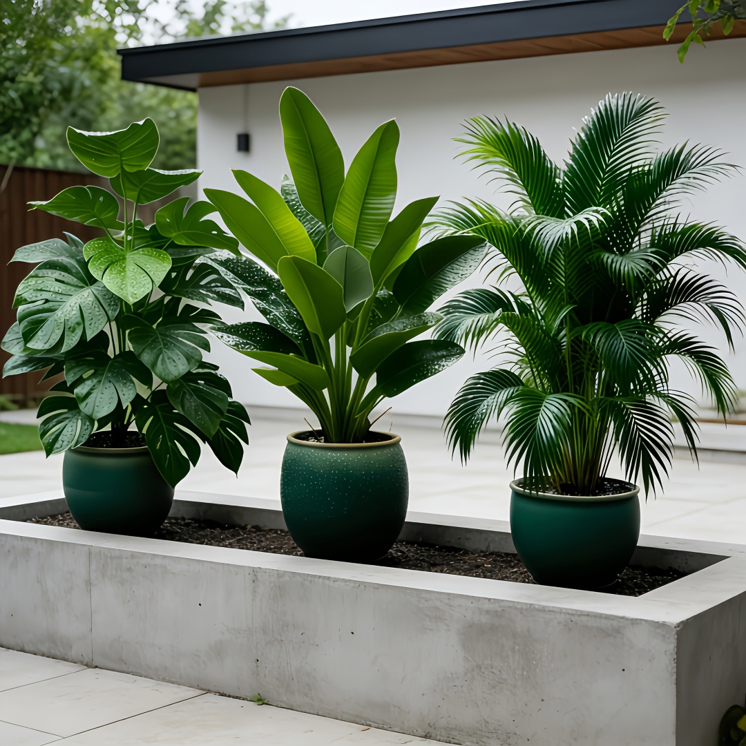 Ensemble de 3 Plantes Artificielles à Grandes Feuilles - Monstera Luxuriant et Palmiers, Bananiers, Adaptées à l'Extérieur - Arbres Décoratifs Tropiques à Large Feuillage Sans Entretien, Plantes en Pot pour Intérieur/Extérieur Toute l'Année, Arbustes Faux Style Nordique pour Mariage Hôtel Jardin
