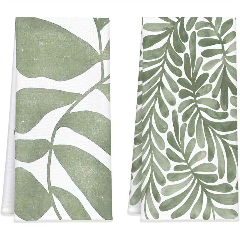 TEMU 2pcs 18x26 Inch Kitchen Towels - Sage Botanical Leaf Pattern, Durable Polyester, Machine Washable For Kitchen & Dining Decor