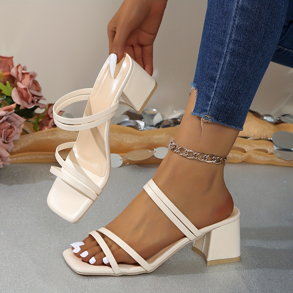 Women's Chic White Block Heel Sandals Square Toe, Slip-On Summer Pumps  with Cover Upper Rubber Sole Casual or Dressy Outfits, Hi