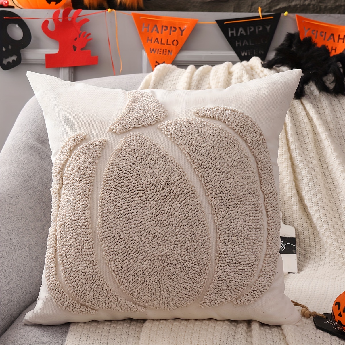 1pc Halloween Throw Pillow Cover Pumpkin Embroidery Thanksgiving Decoration