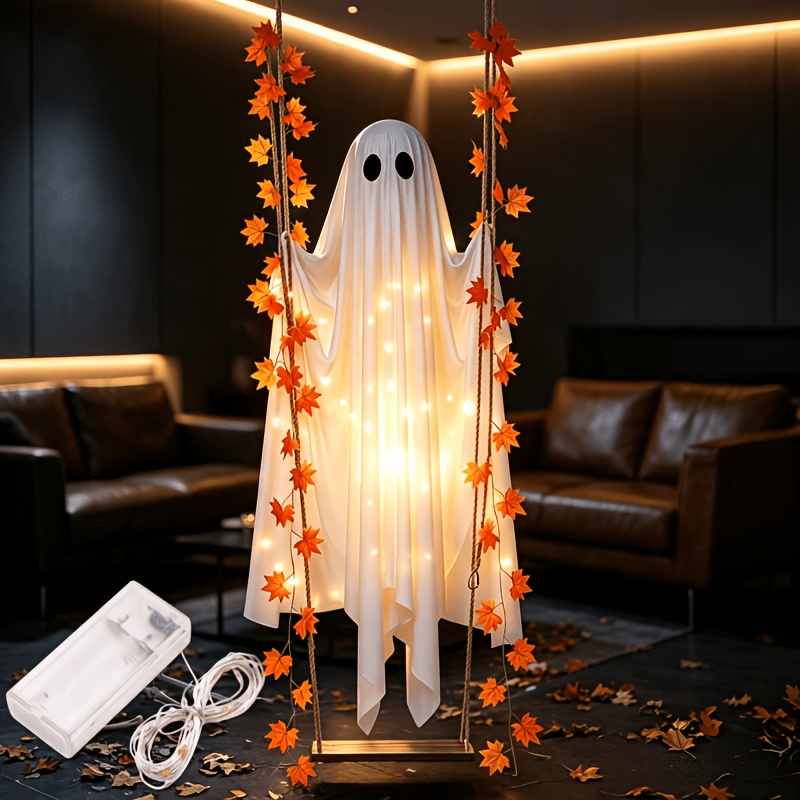 TEMU Swinging For Halloween Decoration, Built-in Warm Light Led Lights, Autumn Maple Leaf Hanging Rope Style, Holiday Lighting Decoration, Suitable