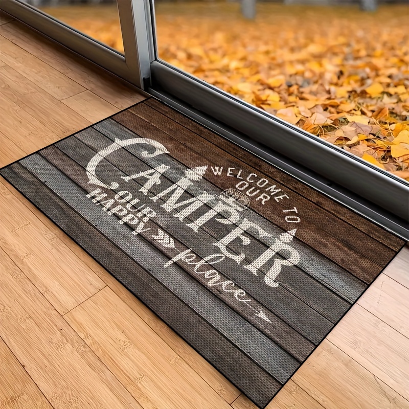 

Welcome To Our Camper Happy Place" - Non-slip, Machine Washable Polyester Doormat In Brown & Gray | Perfect For Indoor/outdoor Use, Bedroom, Entryway, Patio | Home Decor Gift