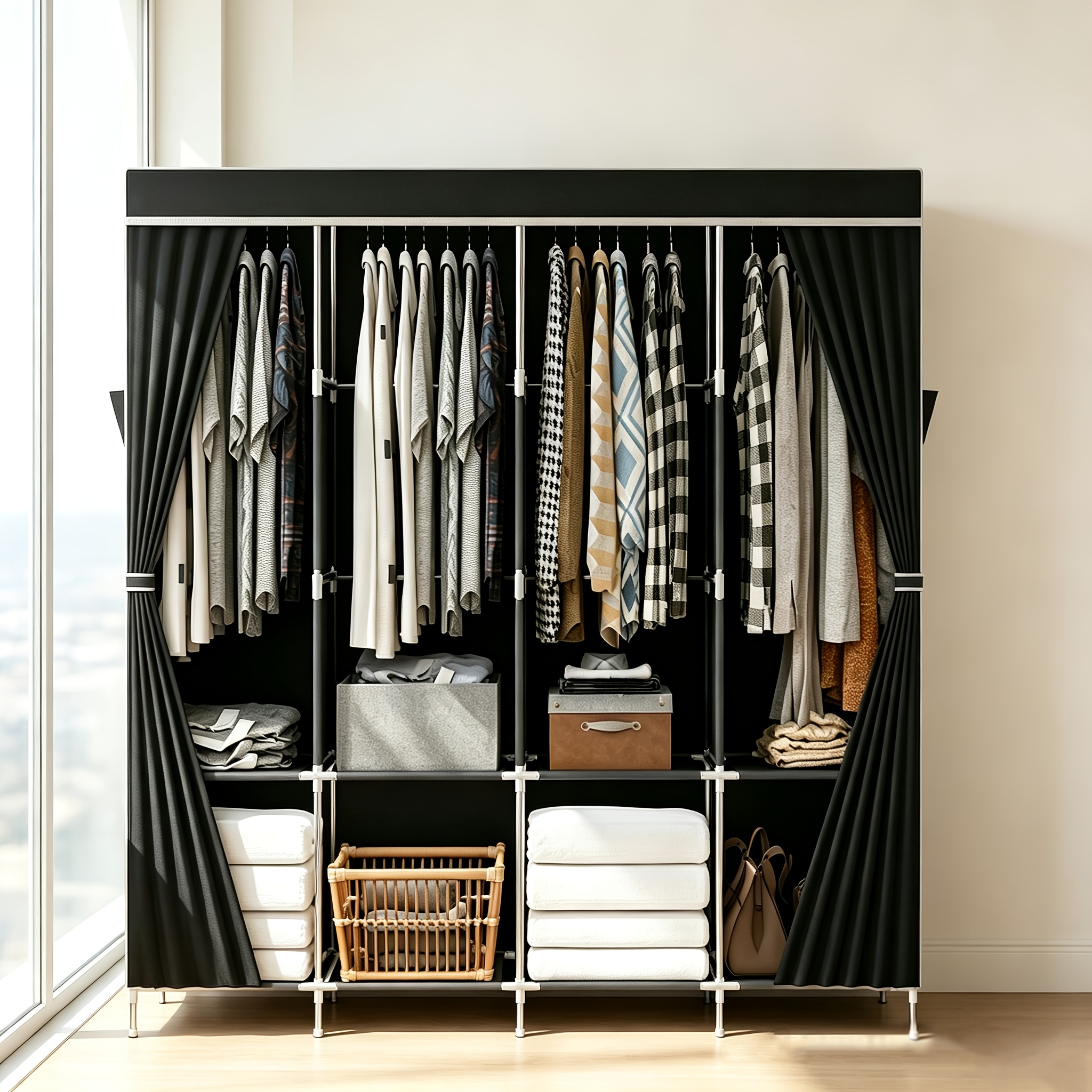 TEMU Portable Wardrobe Organizer, Clothing Storage, Wardrobe With Shelves And Hanging Bars, Non-woven Fabric Cover With Side Pockets, Suitable For