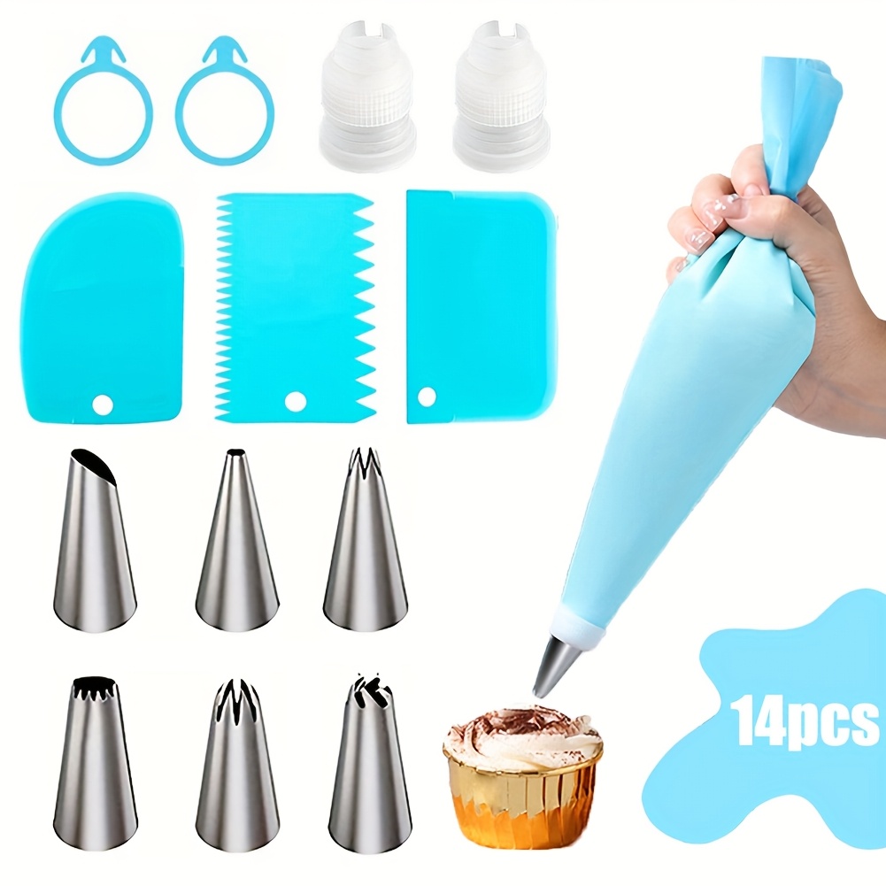 TEMU 14pcs Stainless Steel Piping Nozzle Baking Tool Set With Piping Bags, 3pcs Scraper Set, And Converter For Decorating Cakes, , And Cream