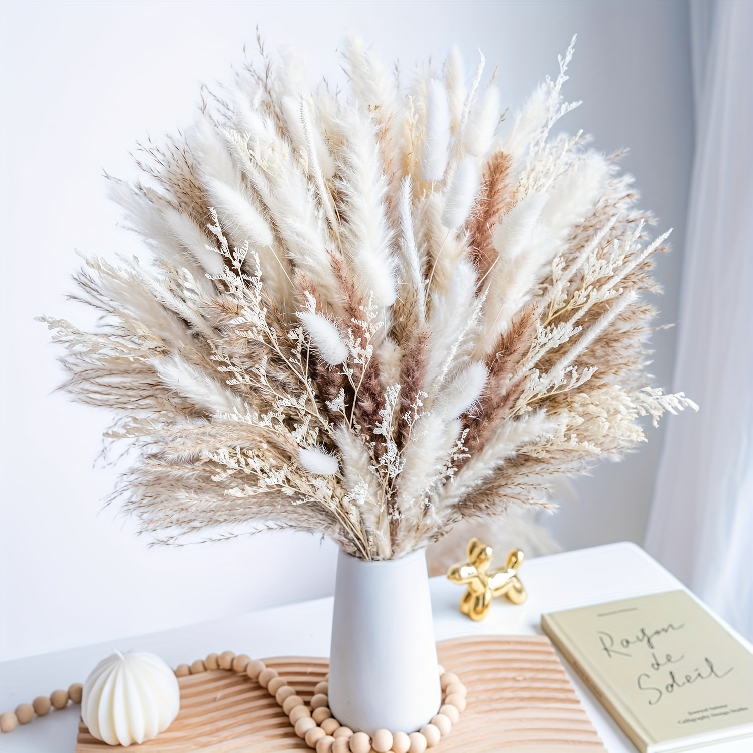 Image of 99pcs Pampas Grass Decor Dried Flowers Fluffy Pompas Grass Vase Filler White Pampas Wedding Boho Flowers Home Table Decor, Rustic Farm House, Wedding Decorations Autumn Decorations