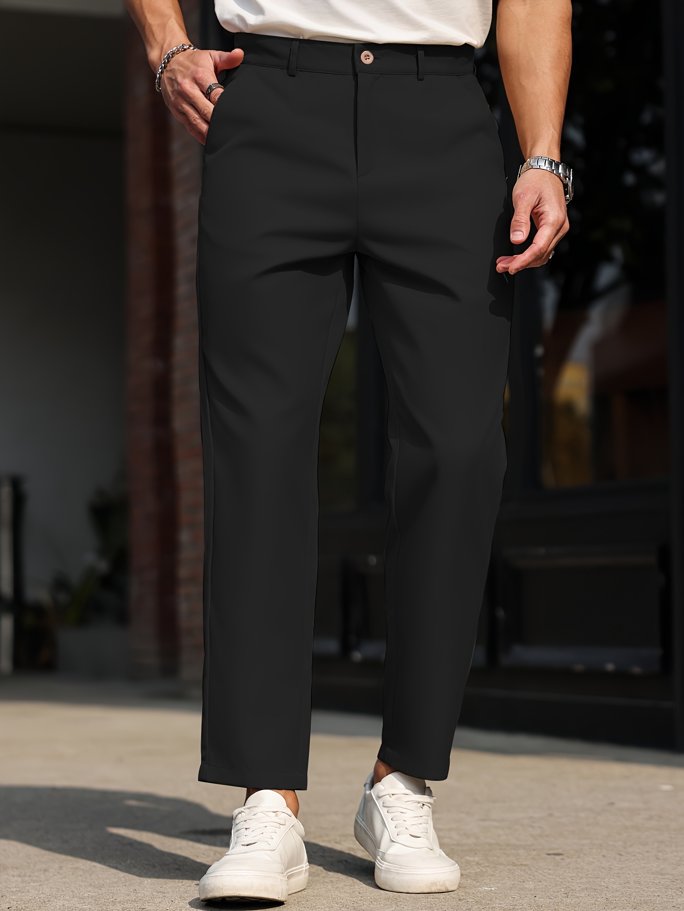 Men's Slim-Fit Casual Dress Pants - Solid Beige, Machine Washable, Straight Leg Design with Side Pockets, Perfect for Business or Leisure Outings, Allseason Trousers | Straight Leg Pants | Internal Zipper Closure