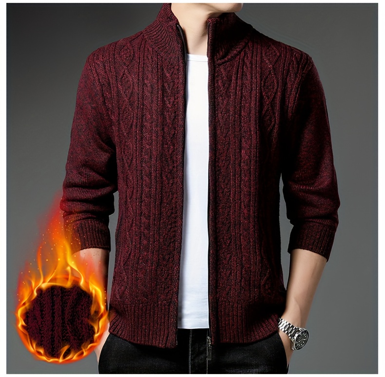 Men's Warm Cable-Knit Sweater Jacket - Winter Business Casual Coat with Stand Collar, Machine Washable Sweater for Office, Gym & Daily Wear - Cable-Knit Front Panel (No Belt Required) - Autumn/Winter