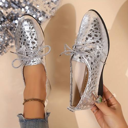 womens lace up shoes with shiny metallic laces comfortable synthetic cover upper cushioned pvc sole round toe season wear versatile for casual formal outfits everyday footwear stylish footwear durable construction fashion footwear office wear
