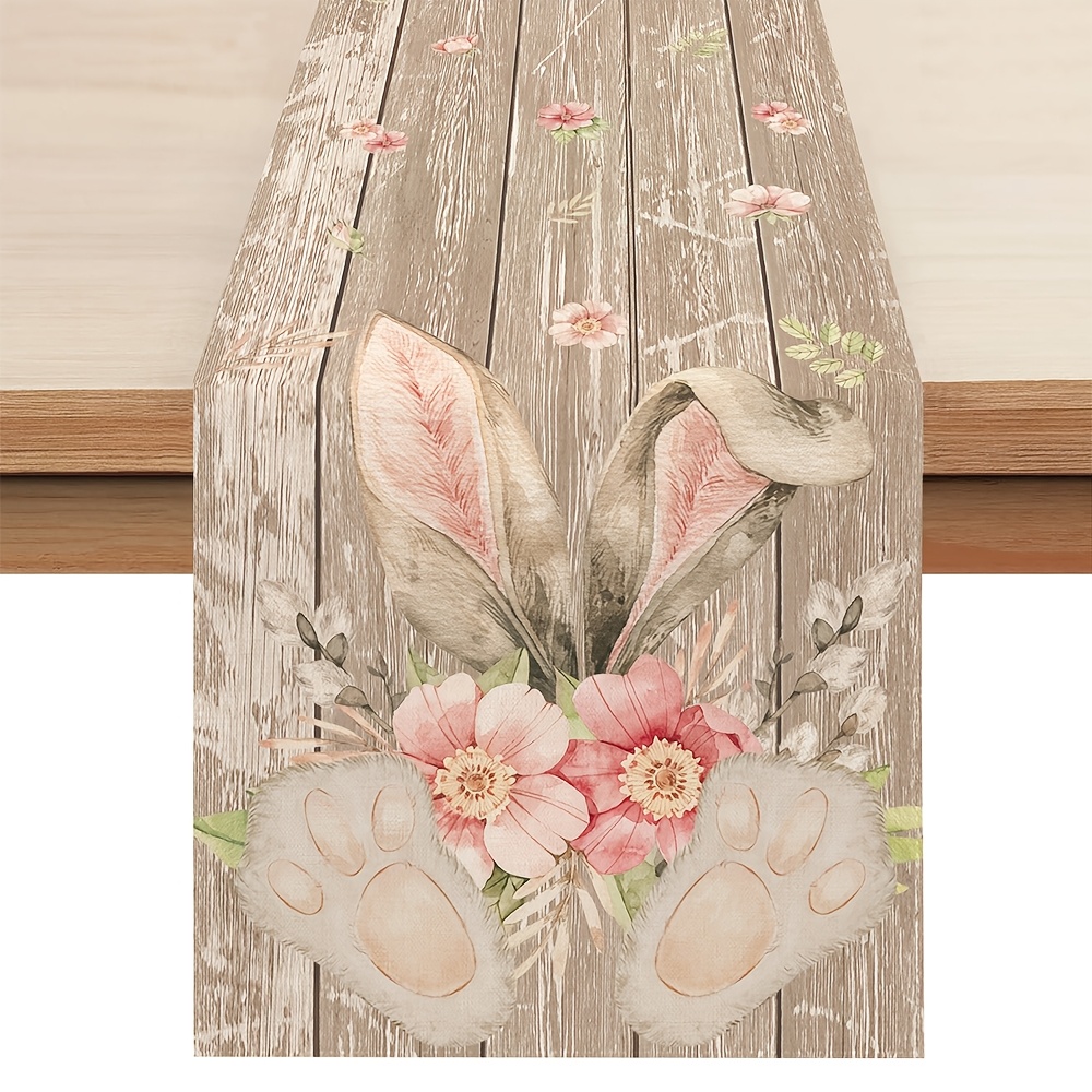 

1pc Easter Bunny Rabbit Flowers Wooden Table Runner, Polyester Woven Rectangular Dining Decor, Seasonal Home Party Decoration