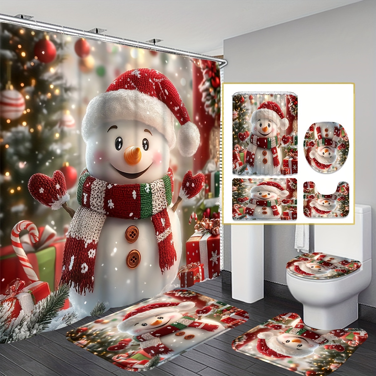 

1/4pcs Christmas Snowman Decor Curtain Set, And Red Curtain Set And Carpet, Christmas Bathroom Or Decoration 12 , Bath Mat U-shaped