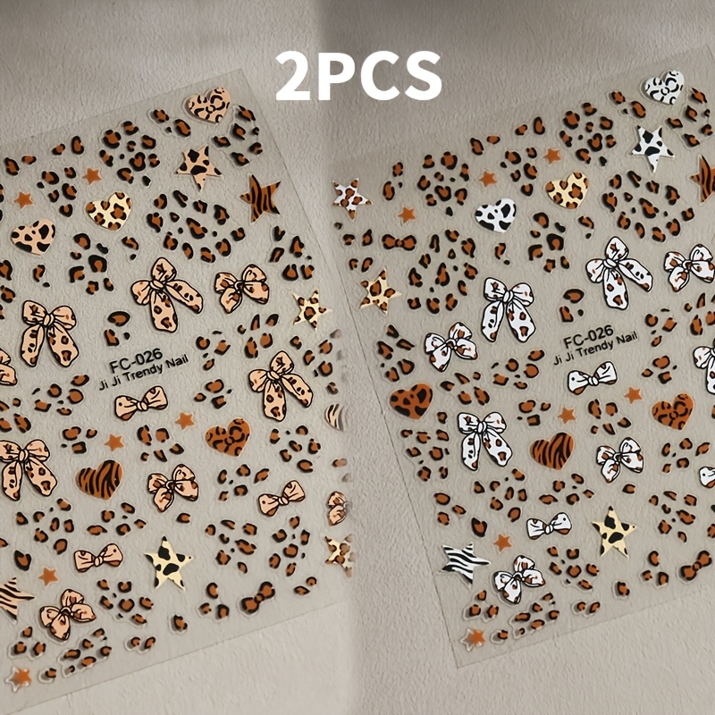 2-pack Fashion Leopard Print Bowknot Nail Stickers | Self-adhesive, Glitter, Shimmery Finish, Single Use