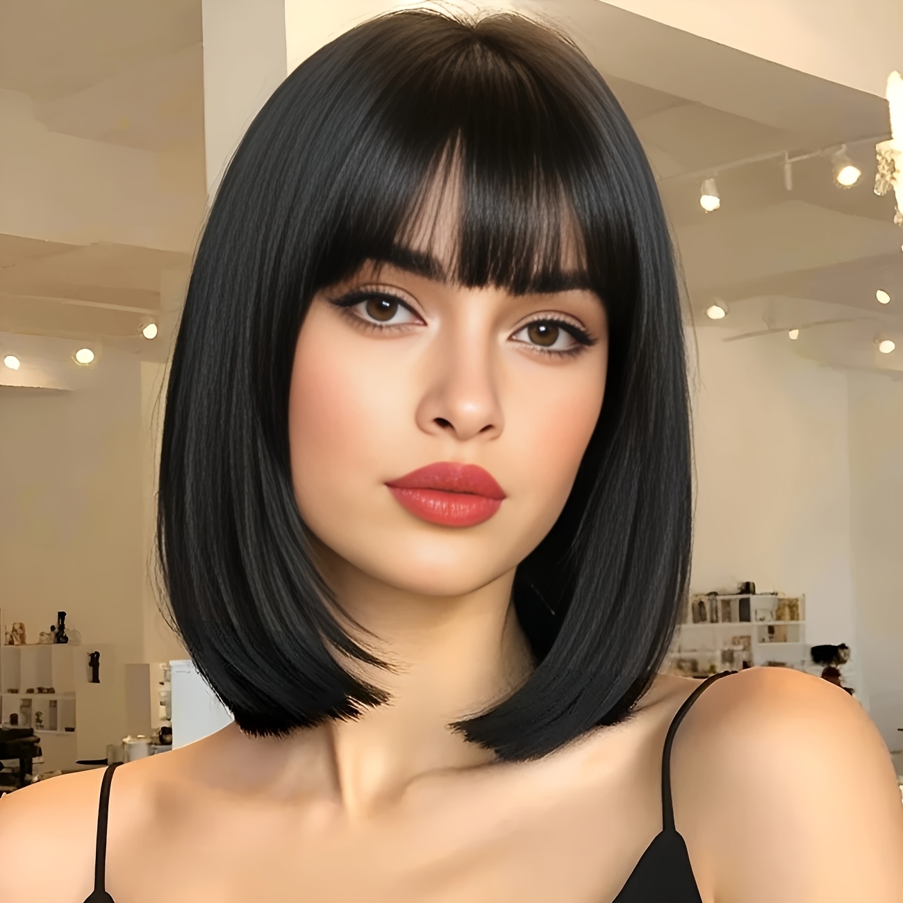 TEMU Peluca Bob Elegante para Mujeres de 12 Pulgadas - Cabello Sintético Liso con Flequillo, Resistente al , Adecuada para Todas las Ocasiones