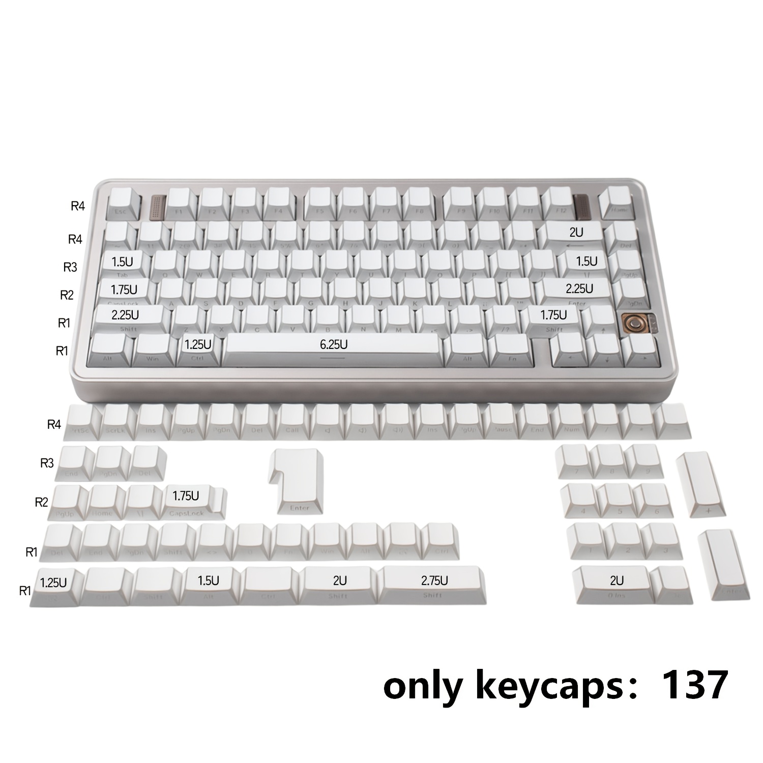TEMU 137 Touches de Clavier Shadow, Touches Blanches avec Latérale, Style Cherry, Hauteur Standard, Matériau PBT, Ensemble de Touches Adapté pour