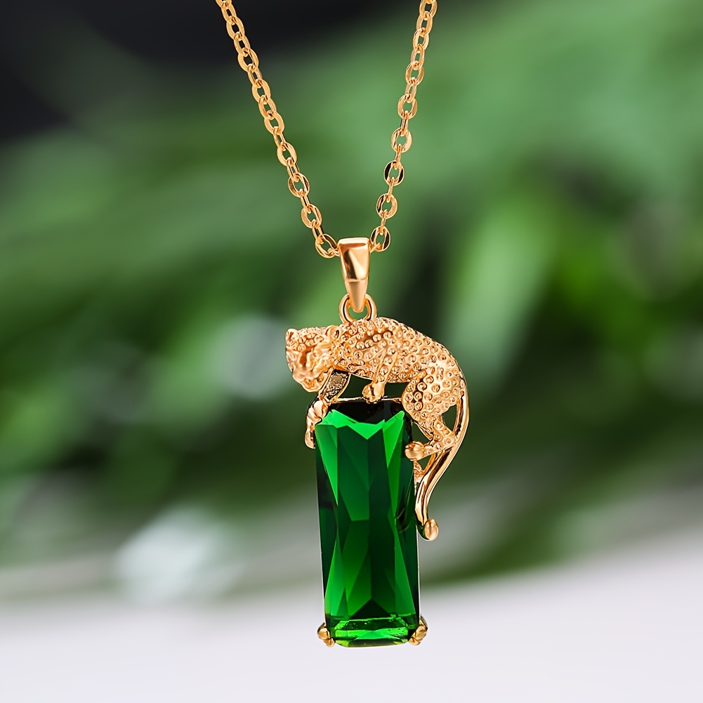 E-shop ANGOL Leopardenförmige Halskette für Damen, mit eingelegten grünen Rechtecken, schlicht, klassisch, elegant, stilvoll, vielseitig, exquisiter