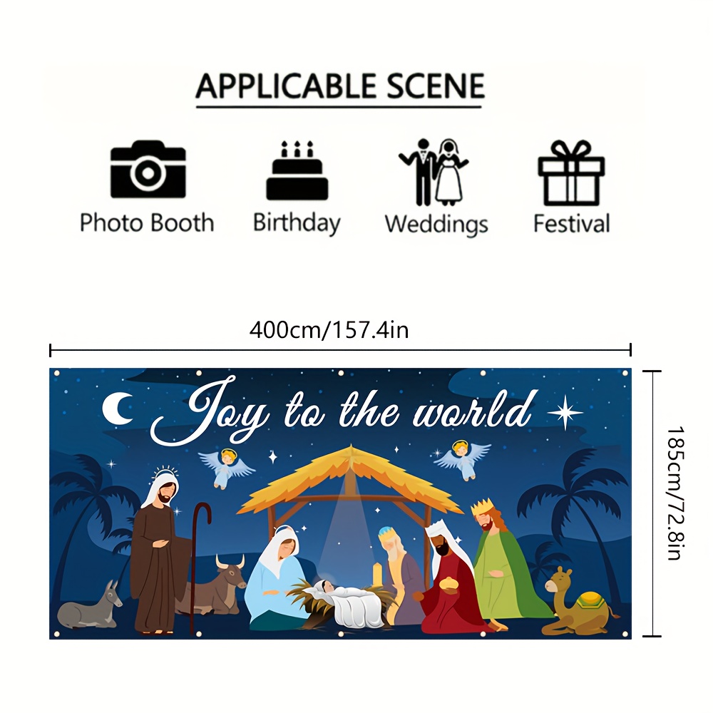 TEMU Illuminated Nativity Scene Garage Banner - Durable Polyester, 154.7" X 72.8" - Christmas & Religious Decorations