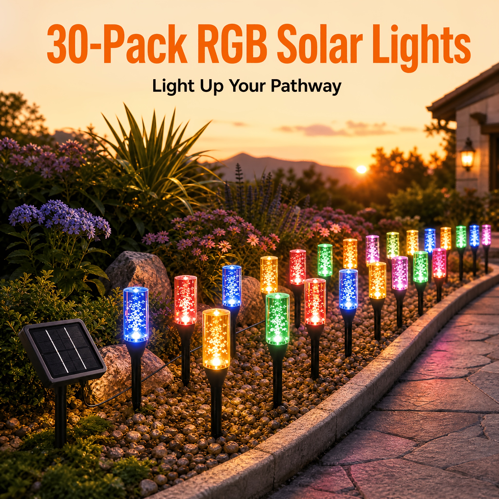 TEMU 30 Led Rgb Bubble Solar Pathway Light Set, 20ft 6m Changing Ip54 Landscape Lights For Garden Yard Decor