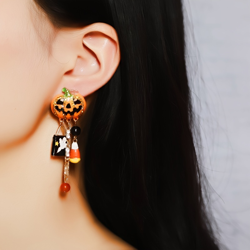 

Elegant Halloween Pumpkin & Skull Tassel Earrings With Sparkling Cubic Zirconia - Alloy, Uv-plated, Casual Attire