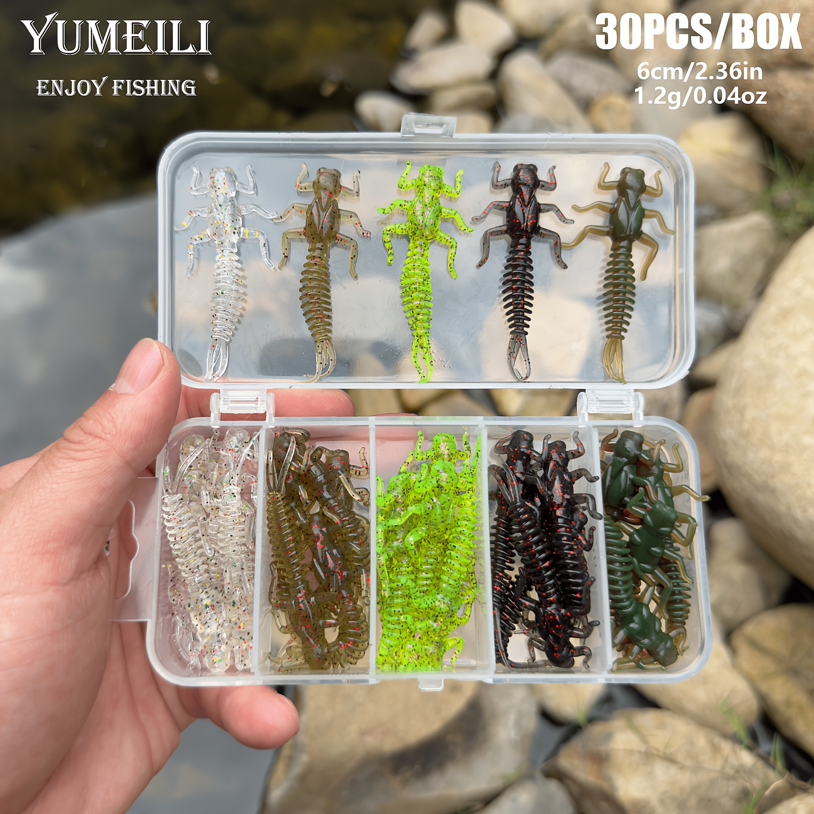 TEMU 30pcs Leurres d'insectes réalistes à 6 pattes, appâts artificiels de pêche souples, multi-pattes et queue fine fourchue, corps , pack de 5