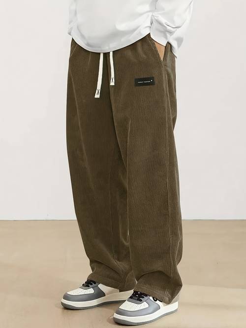 mens corduroy straight leg long pants with drawstring elastic waist for spring and autumn casual and sporty pants for daily wear leisure and hiking