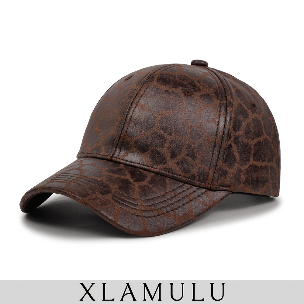 TEMU 1pc Men's Leopard Patterned Baseball Cap, Vintage Style, Adjustable Deisgn, Soft Artificial Pu Texture, Street Headwear - Gifts For Him