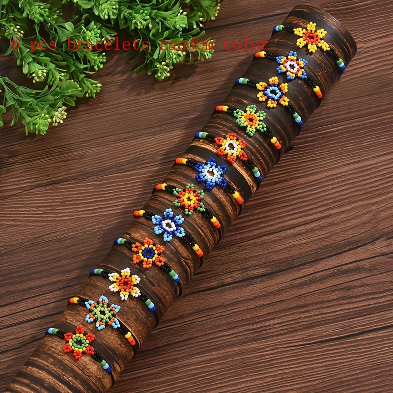 TEMU 6pcs/set Bohemian Crochet Rice Bead Drawstring Flower Bracelet Set For Women (random Colors, Handmade, Colors, Patterns, Shapes Cannot Be )