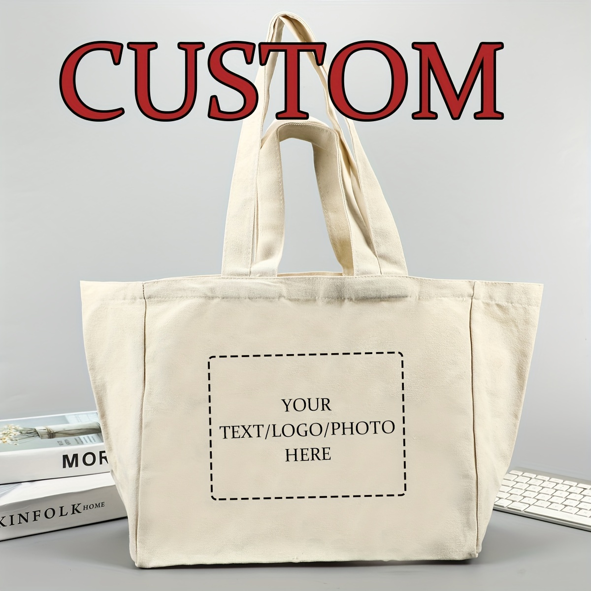 TEMU Customizable Tote Bag - , Large Shoulder Bag For Shopping & , Polyester, Machine