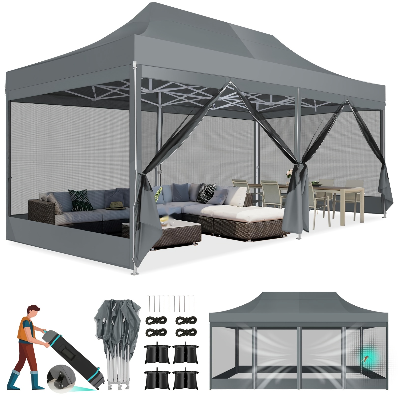 Image of 3x6m Simple Heavy-duty Pop-up Awning With 6 And 4 Sandbags, Includes Net, Easy-to- Mesh Party Tent, Commercial Awning, Uv Protection - Party Tent With Wheeled Storage Bag