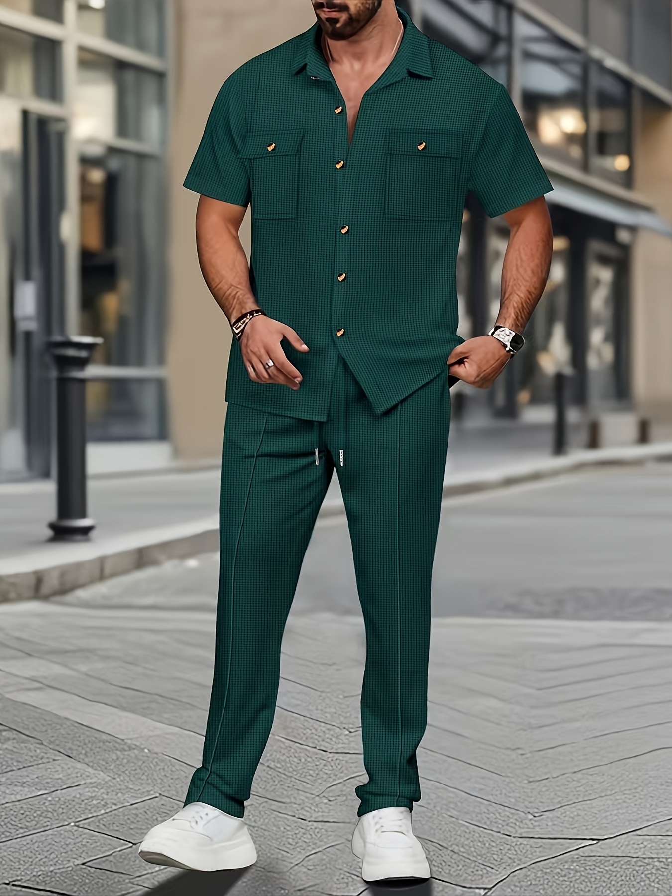 Men'S Casual Short Sleeve Shirt And Long Pants 2pcs Set Commuter Outfit, Textured Buttons And Pockets, Versatile Style
