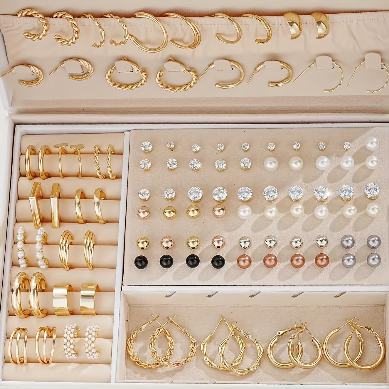 

108 Pcs Fashion Jewelry Set, Assorted Simple Metal Hoops, Faux Pearl & Cubic Zirconia Stud Earrings, Vintage And Elegant Styles For Women Daily Wear, Trendy Accessories Without Box