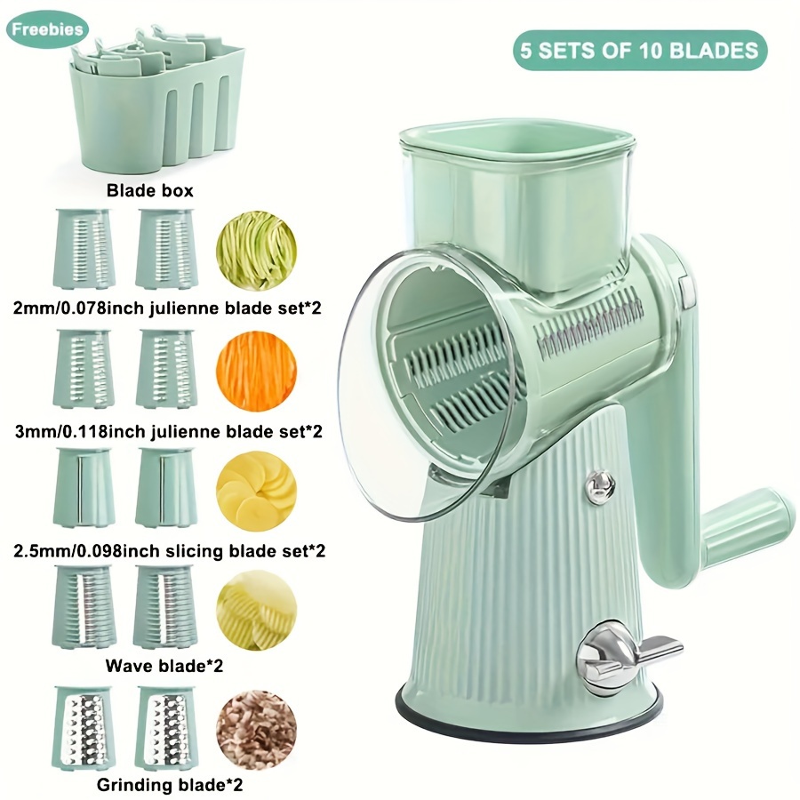5 in 1 rotary cheese grater vegetable slicer with handle versatile kitchen gadget manual operation 5 stainless steel blades   grating slicing chopping easy to clean no power required vegetable slicer rotary cheese grater manual food chopper cheese grater for kitchen