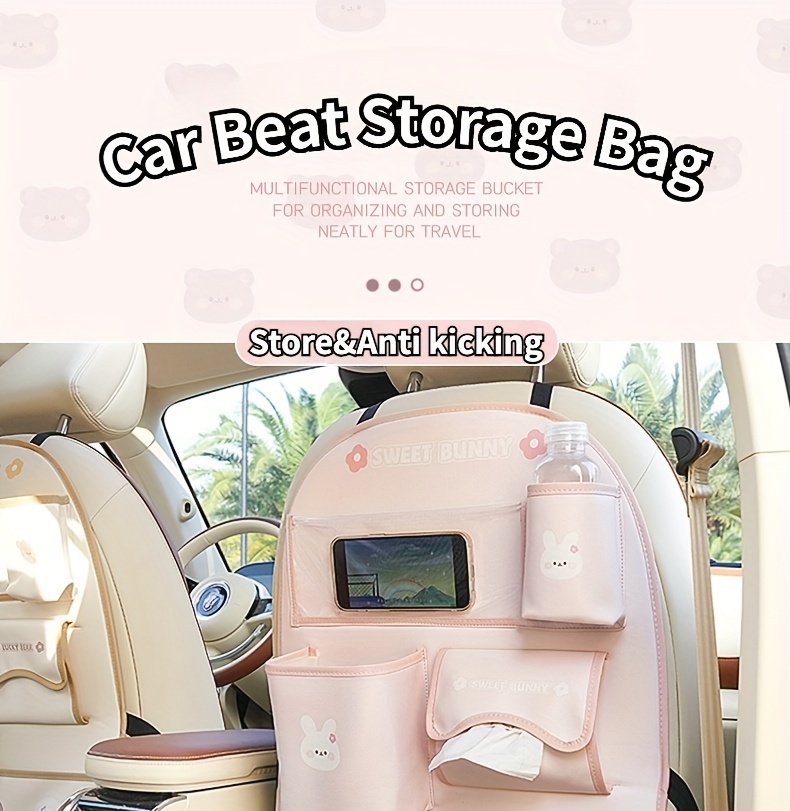 Cute Bear & Bunny Car Organizer - Multi-Functional Seat Back Storage with Trash Bin, Tissue Holder, Cup & Phone Slots, Durable Faux Leather, Easy Clean - Perfect Holiday Gift details 0