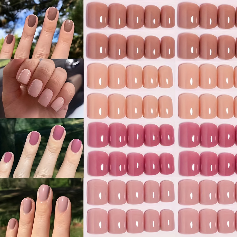 TEMU 96 pièces/set Faux Ongles Carrés Courts Mignons en 4 Couleurs Nude Brillants à avec Boîte de Rangement - Cadeau An pour Femmes et Accessoires