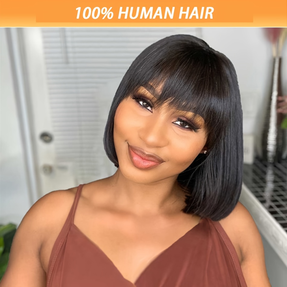 Straight Short Bob Human Hair Wigs With Bangs No Lace Full Machine Made 150 Density 8 16 Inches Glueless Wigs for Women