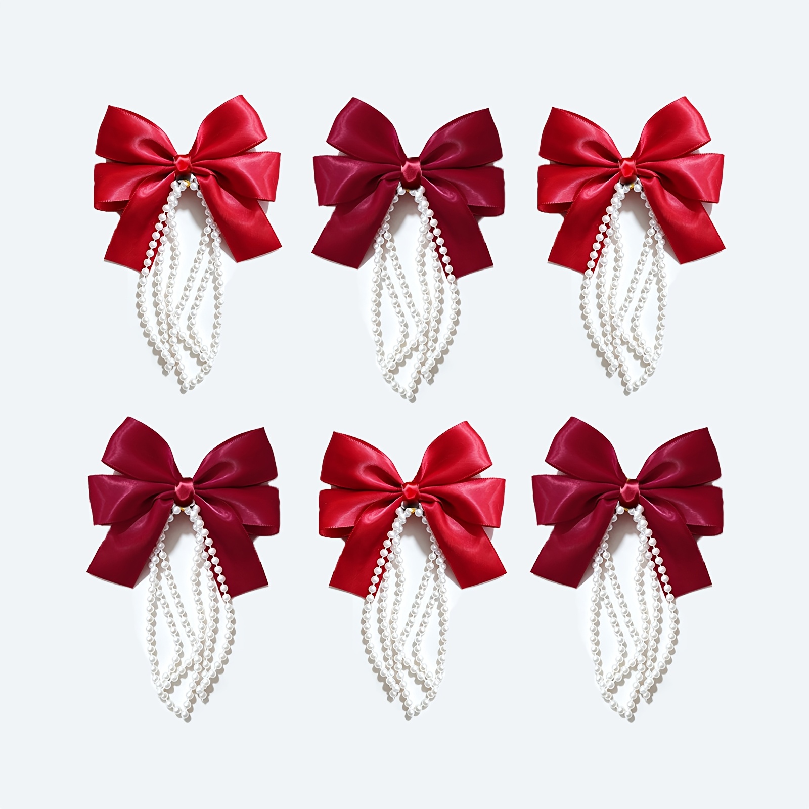 TEMU 6pcs Christmas Bow Ornaments With Pearl Tassels, Satin Red And Burgundy Bows For Xmas Tree, Gift Wreath Decor, Decorative Hanging Ornaments For