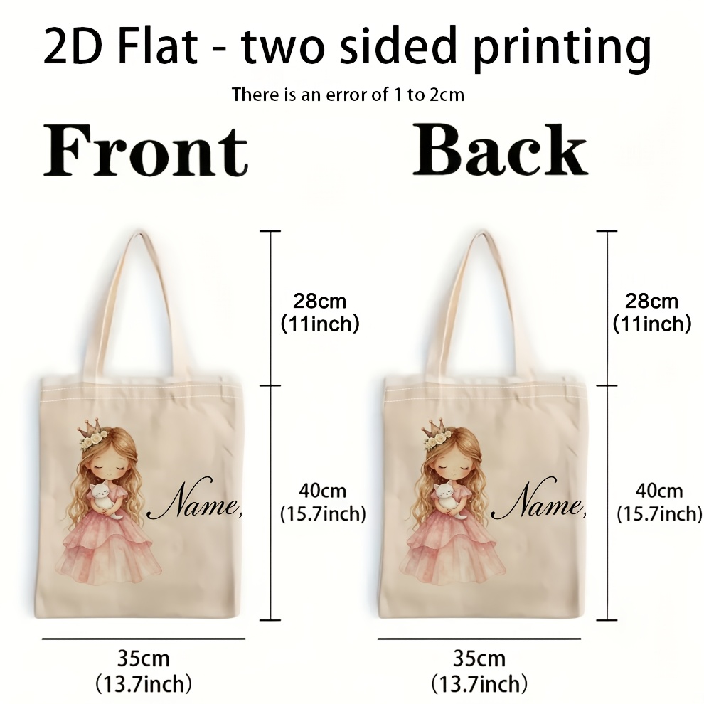 TEMU 1 sac fourre-tout plat 2D personnalisé avec nom imprimé, sac en toile avec couronne de princesse tenant un chat blanc, sac de courses