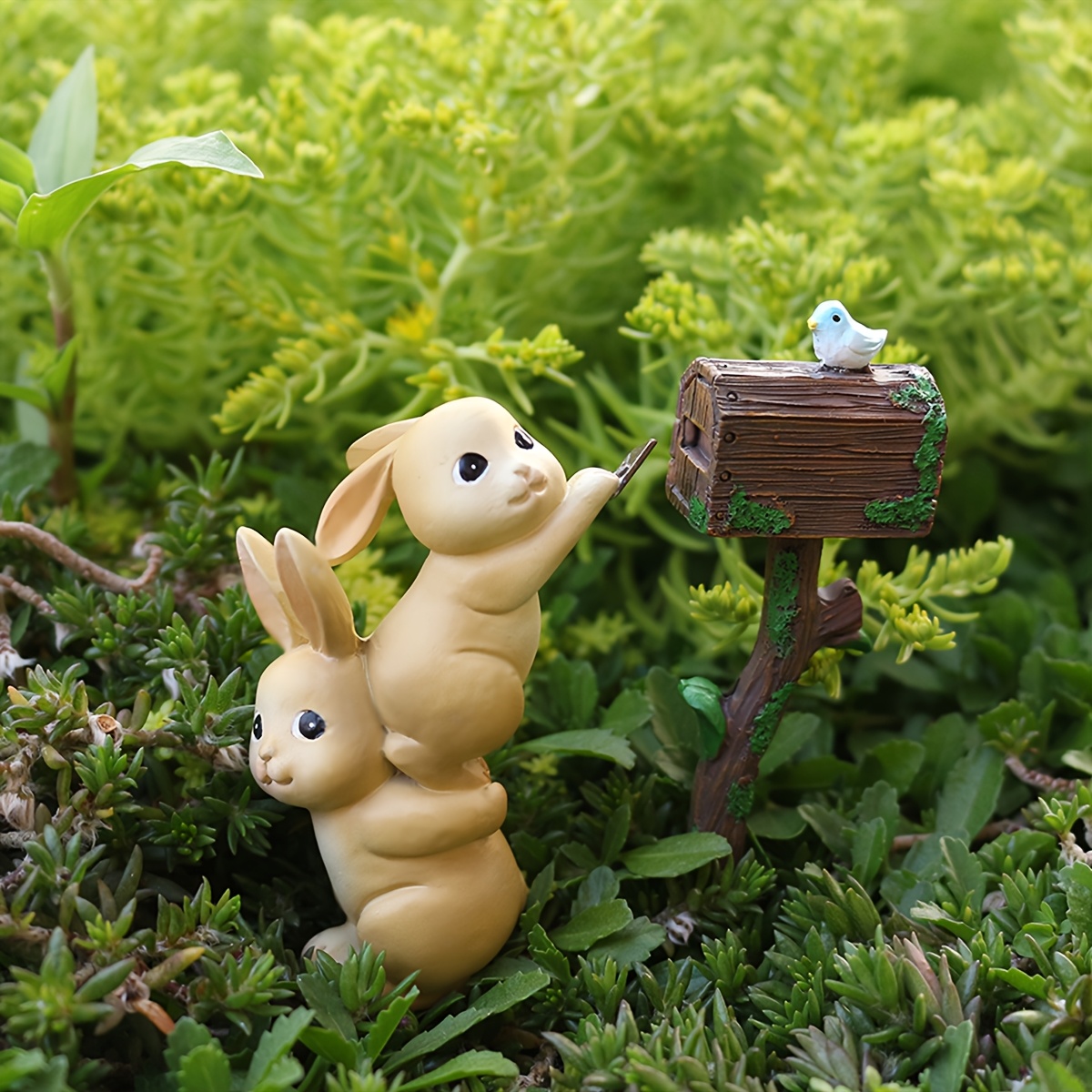 TEMU 2pcs Rabbit Brothers Outdoor Statues - Resin Rabbit Mailbox Sculptures Suitable For Gardens, Fairy Gardens, & , Whimsical Rabbit Decor For