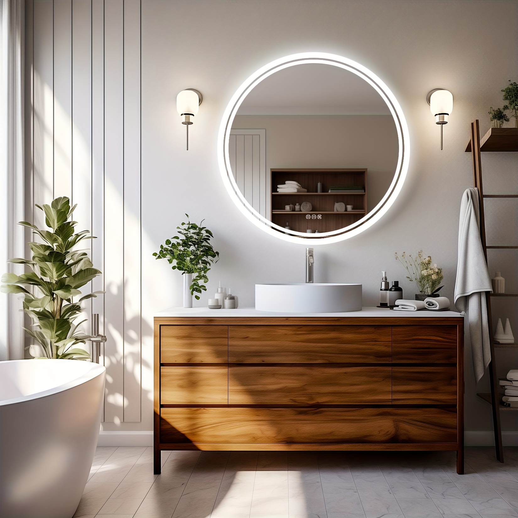 TEMU Espejo de baño LED : Espejo de pared retroiluminado regulable, espejo de tocador circular antivaho, 3 botones táctiles inteligentes para