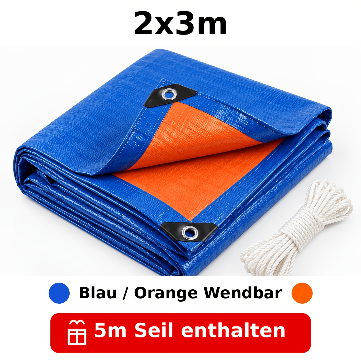 TEMU Wendbare PE-Plane Blau/Orange, Wasserdichte Abdeckung mit Metallösen, Inklusive 5M Seil, Reißfest, UV-beständig, Mehrzweck-Schutzplane für Holz,