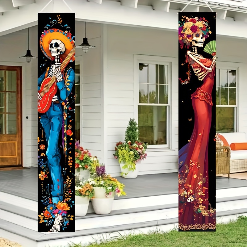 

2pcs Dia De Muertos Porch Sign Banners, Mexican Day Of The Dead Hanging Welcome Door Decorations, Polyester Festive Indoor Party Decor Without Electricity