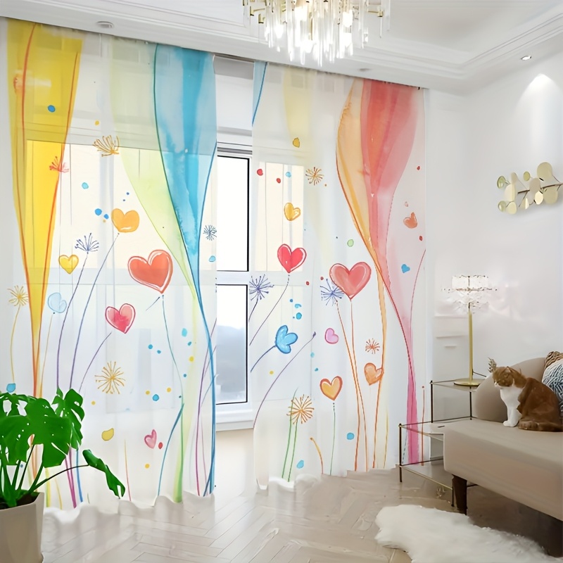 TEMU 2pcs Semi-sheer Watercolor Heart Curtains - 100% Polyester Chiffon Rod Pocket Drapes, Machine Washable Light Filtering For Living Room Bedroom,
