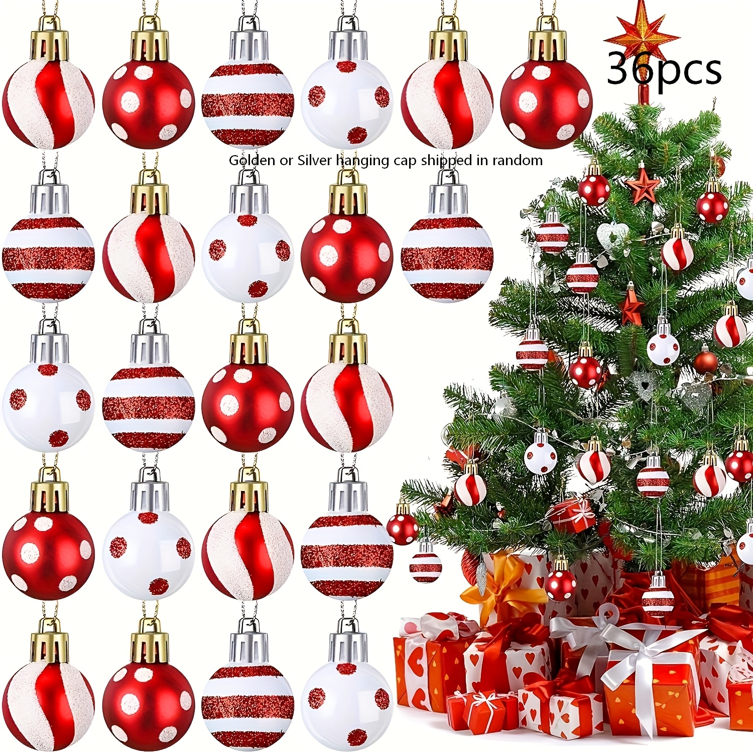 36pcs Christmas Ball Ornaments Christmas Hanging Decorations 1.2 Inch White Balls Christmas Tree Decorations Ball Ornaments Bulk For And Party Decor (random Golden Or Silver Hanging Cap )