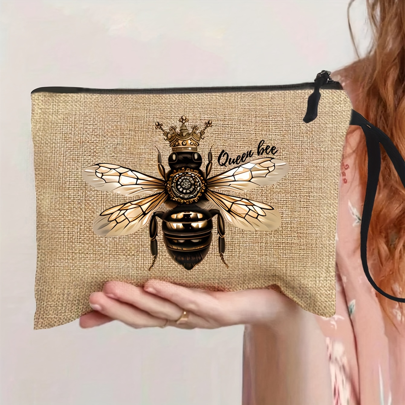 TEMU Queen Bee Pattern Cosmetic Bag Makeup Bag, Zipper Pouch, Lightweight Makeup Organizer For Travel, Wristlet Bag, Toiletry Bag For Women, Student Stationery Storage Bag, Gift For And Teachers