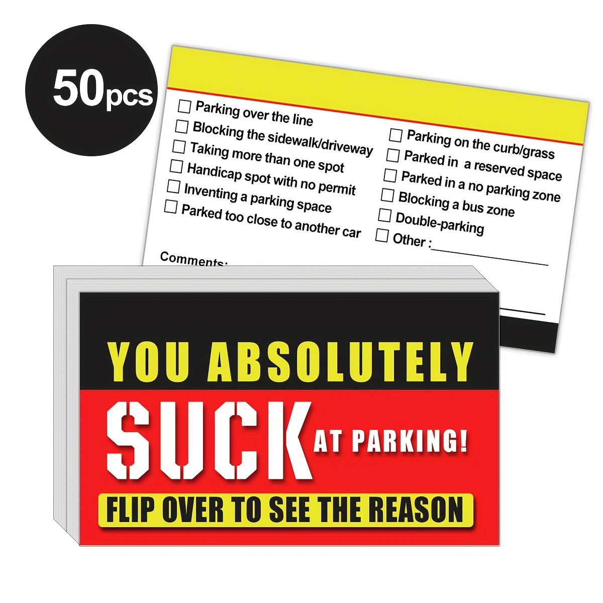 

50pcs Funny Parking Warning Cards - "you Absolutely Suck " Humorous Notes, Ideal For Business And Personal Use, English Text, , Parking Cards